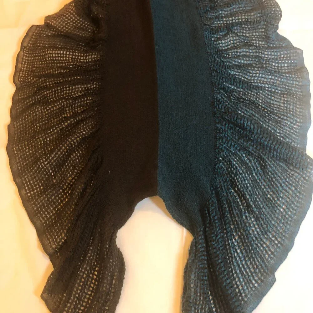 Teal & Black Ruffled Knit Artistic Scarf — Statement Layering Piece